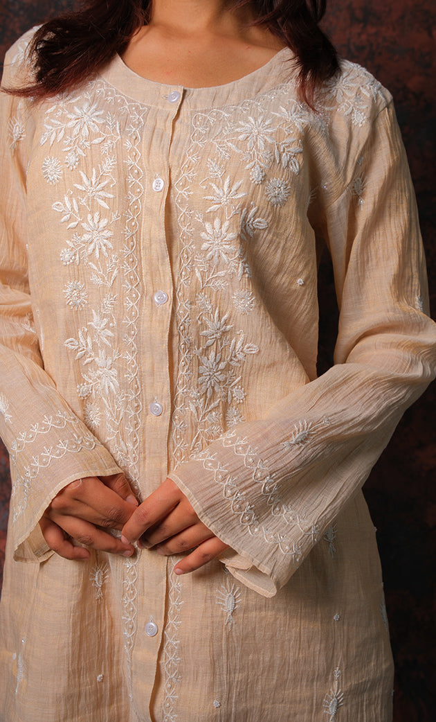 Women's Lakhnavi Handcrafted Tissue chanderi Chikankari Kurta And palazzo Set - HONC0322040