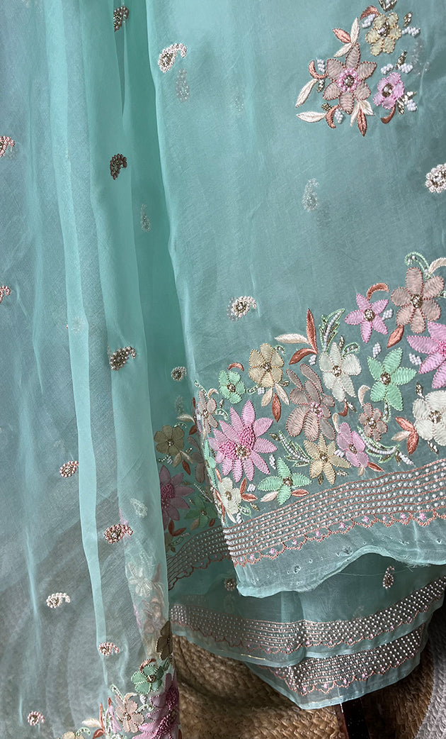 Women's Lucknowi Handcrafted Pure Organza Silk Chikankari Saree - HONC0287002