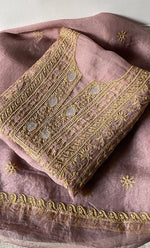 将图像加载到图库查看器中， Women&#39;s Lakhnavi Handcrafted Pure Organza Chikankari Unstitched Kurta And Dupatta Set- HONC0318670
