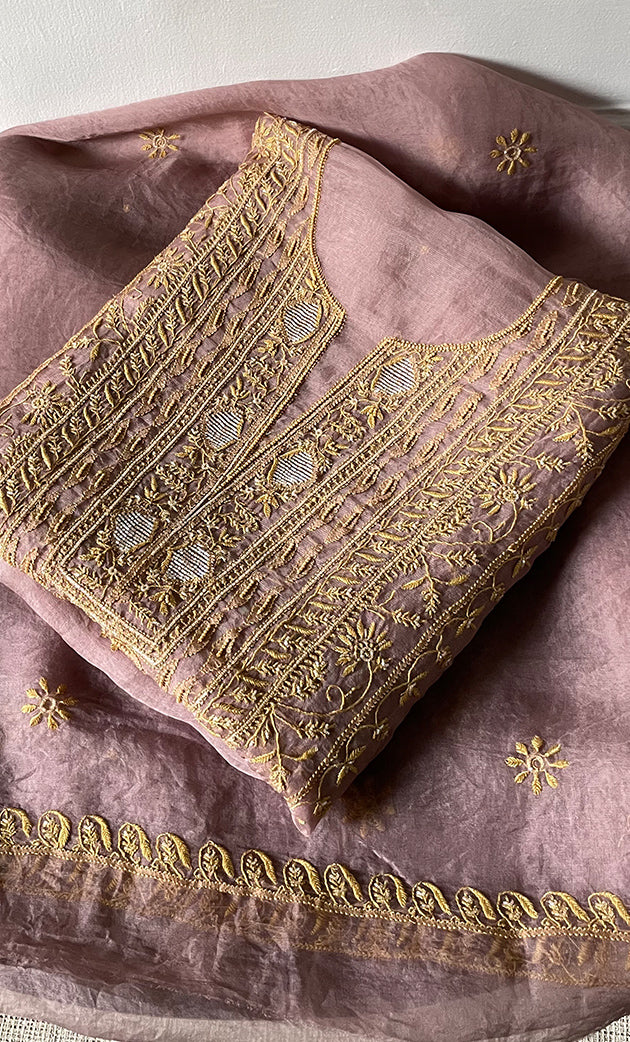 Women's Lakhnavi Handcrafted Pure Organza Chikankari Unstitched Kurta And Dupatta Set- HONC0318670