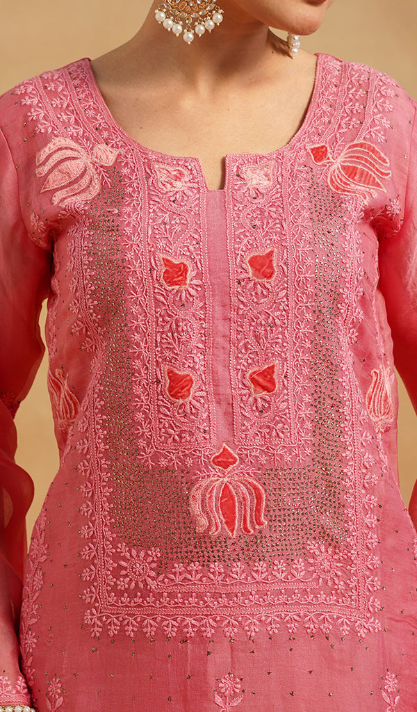 Women's Lucknowi Handcrafted Pure Organza Silk Stitched Chikankari Kurta, Dupatta With Pant Set- HONC0786058