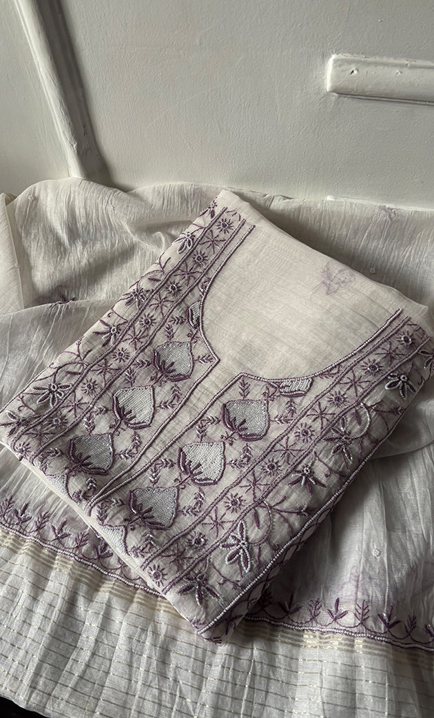 Women's Lakhnavi Handcrafted Unstitched Mul Chanderi Kurta And Dupatta Set - HONC0327489