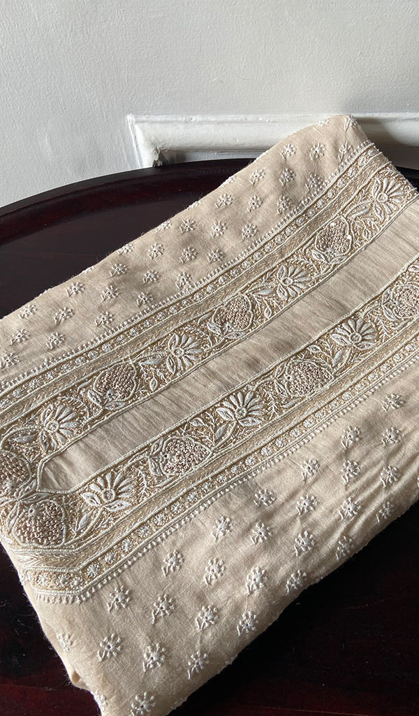 Lucknowi Handcrafted Munga Silk Unstitched Chikankari Unisex Kurta Fabric - HONC0340840
