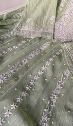 Noreen — Green Pure Mul Chanderi Chikankari 3 Pc Semi-Stitched Suit Set