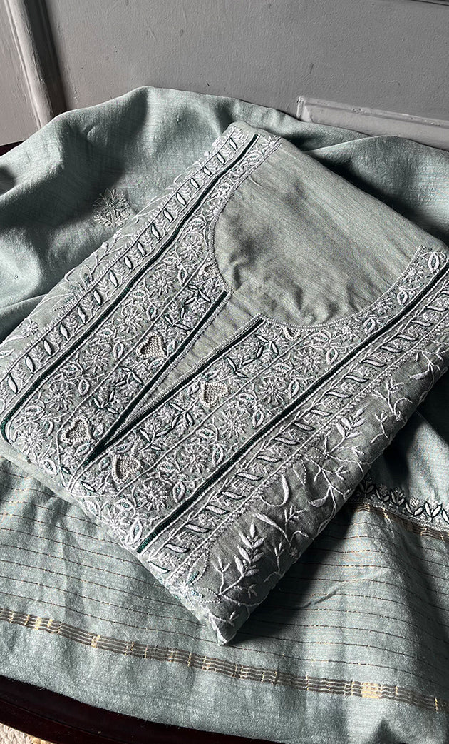 Women's Lakhnavi Handcrafted Munga Silk Unstitched Chikankari Kurta And Dupatta Set- HONC0199320