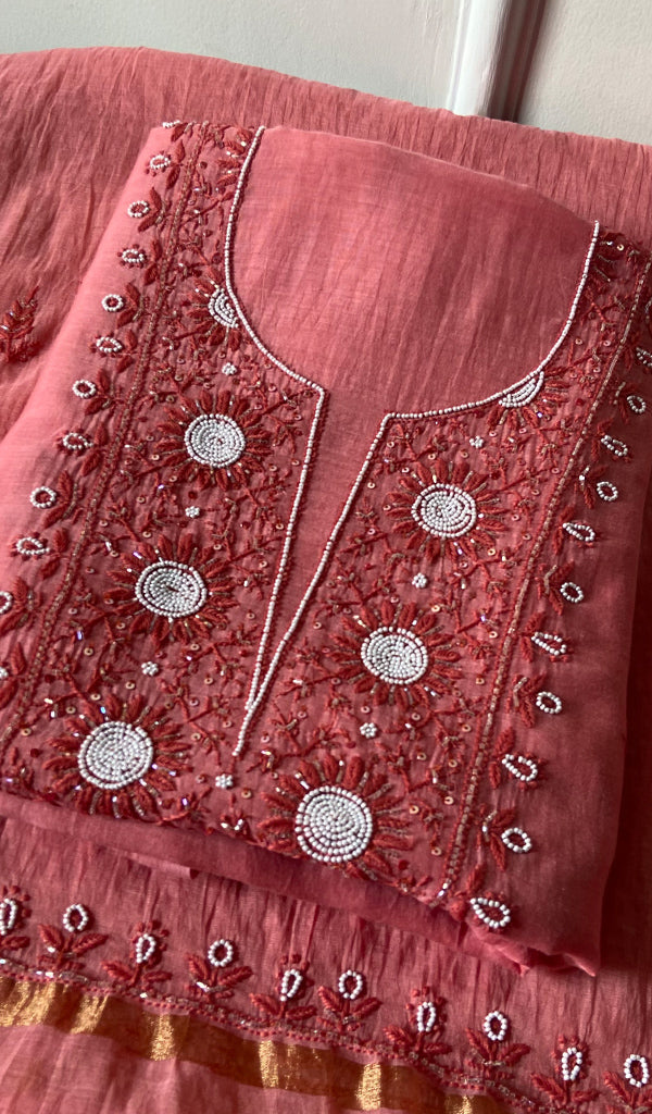 Women's Lucknowi Handcrafted Chanderi Silk Chikankari Full Suit Material - HONC0260950