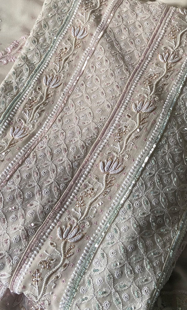 Women's Lakhnavi Handcrafted Pure Silk Georgette Chikankari Semi - stitched Anarkali And Dupatta Set- HONC0193624