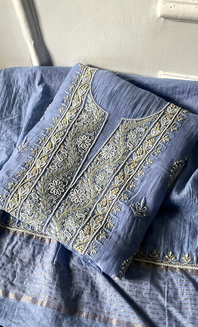 Women's Lakhnavi Handcrafted Mul Chanderi Unstitched Chikankari Full Suit Material - HONC0323587