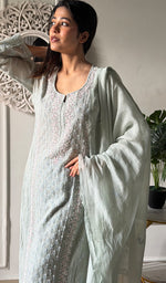 Load image into Gallery viewer, Saziya Women's Lakhnavi Handcrafted Mul Chanderi Chikankari Stitched Kurta, Dupatta And Pant Set - HONC0324263