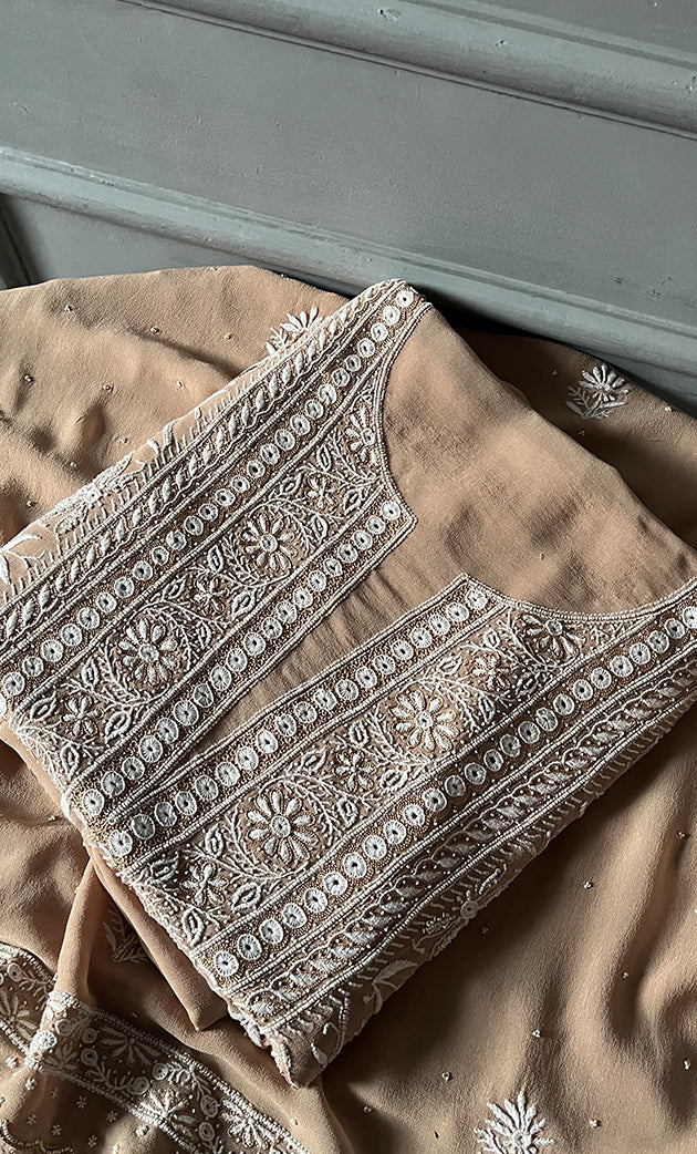 Women's Lakhnavi Handcrafted Pure Silk Georgette Chikankari Kurta And Dupatta Set - HONC0291000