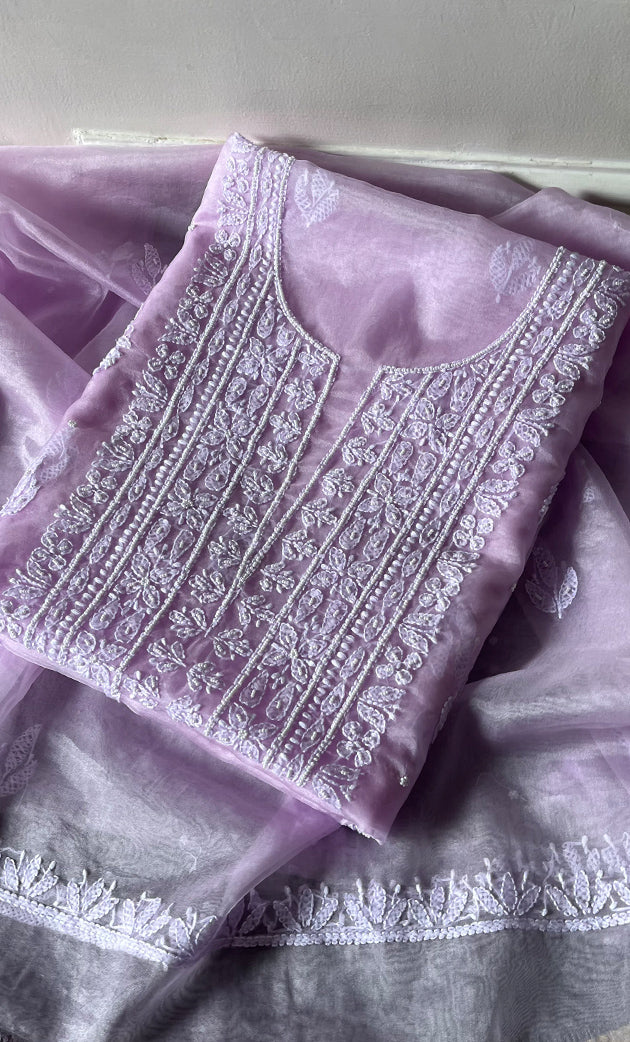Women's Lakhnavi Handcrafted Organza Chikankari Unstitched Full Suit Material - HONC0287041