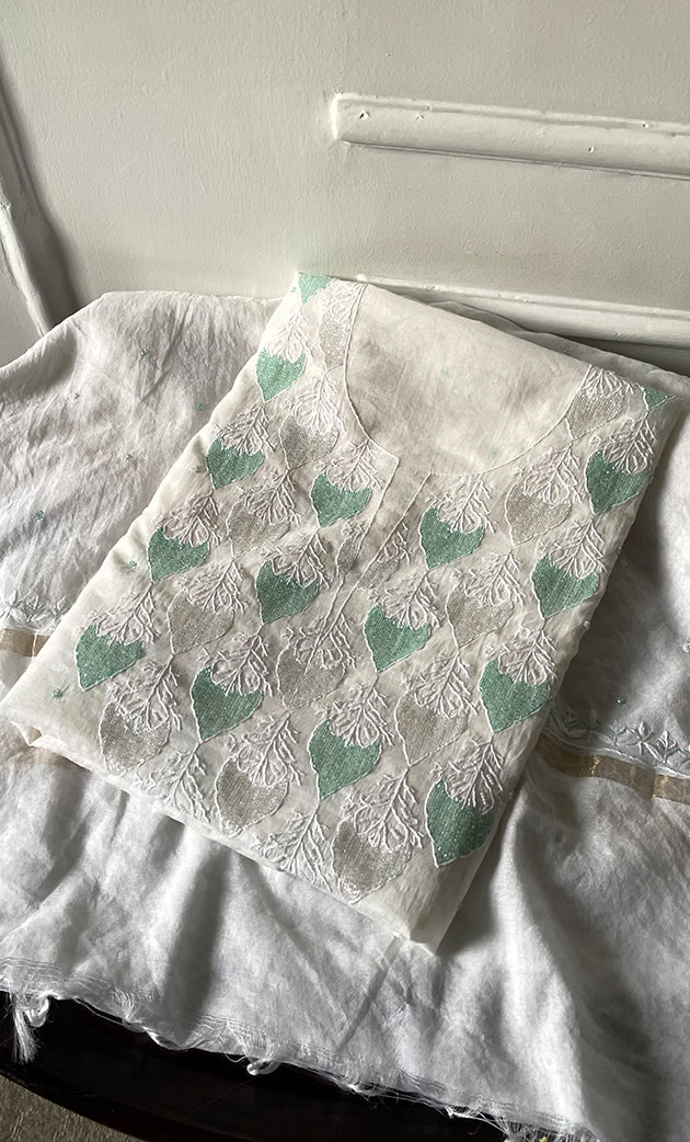 Amisha Women's Lakhnavi Handcrafted Mul Chanderi Unstitched Kurta And Dupatta Set - HONC0319466