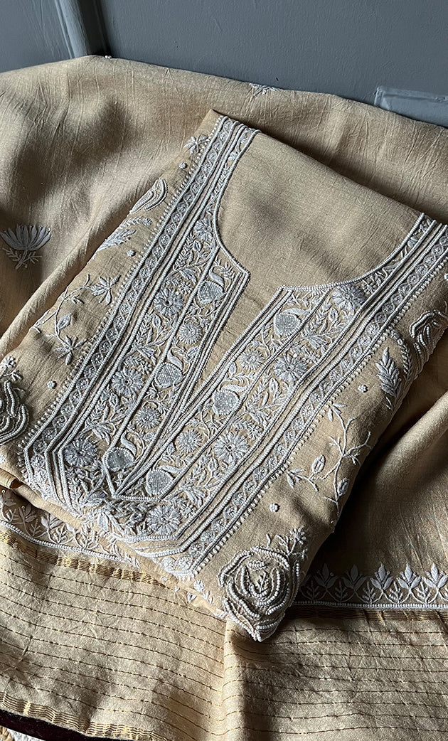 Women's Lakhnavi Handcrafted Munga Silk Chikankari Kurta And Dupatta Set- HONC0272992
