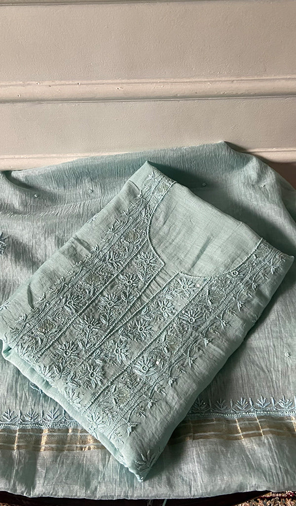 Women's Lakhnavi Handcrafted Mul Chanderi Unstitched Chikankari Full Suit Material - HONC0345045