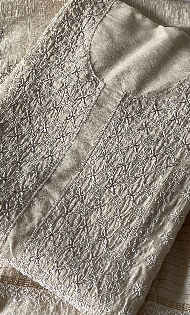 Women's Lakhnavi Handcrafted Munga Silk Semi - Stitched Chikankari Kurta And Dupatta Set- HONC0246918