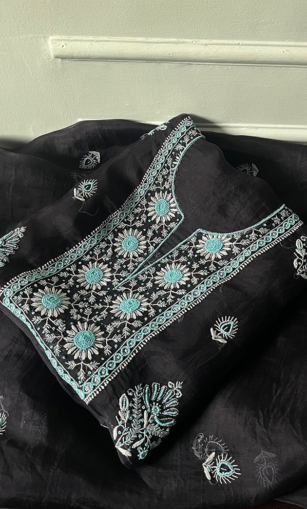 Women's Lakhnavi Handcrafted Pure Organza Chikankari Unstitched Kurta And Dupatta Set- HONC0311244