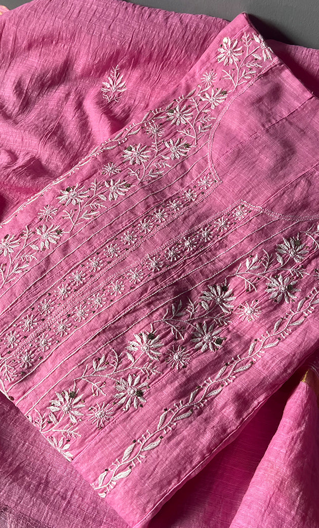 Women's Lakhnavi Handcrafted Linen Cotton Semi -Stitched Anarkali And Dupatta Set - HONC0273157