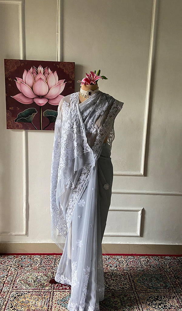 Women's Lucknowi Handcrafted Faux-Georgette Chikankari Saree - HONC0348740