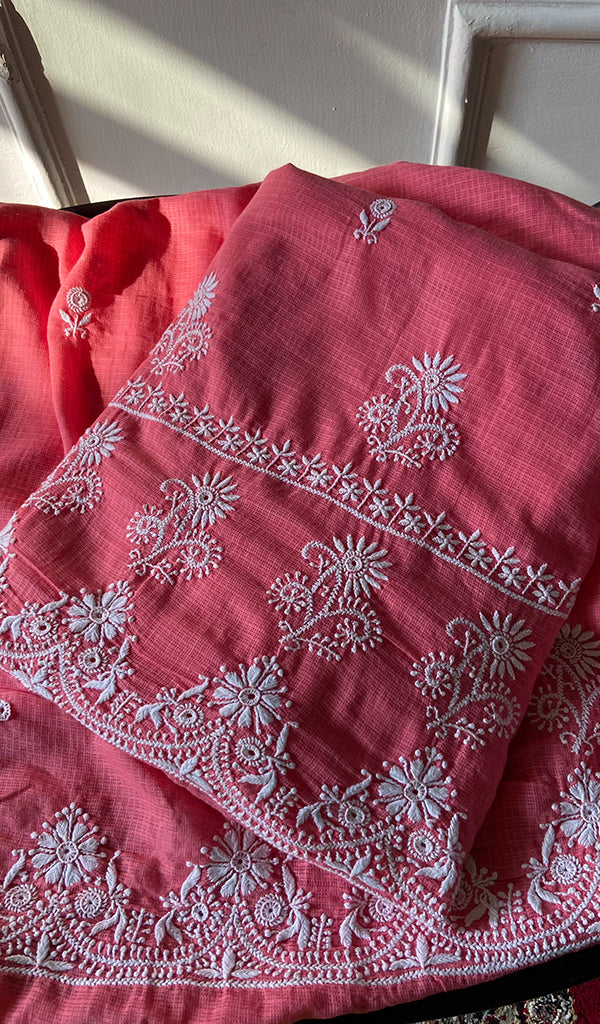 ‹› Women's Lucknowi Handcrafted Kota Cotton Chikankari Unstitched Kurta And Dupatta Set - HONC0340092