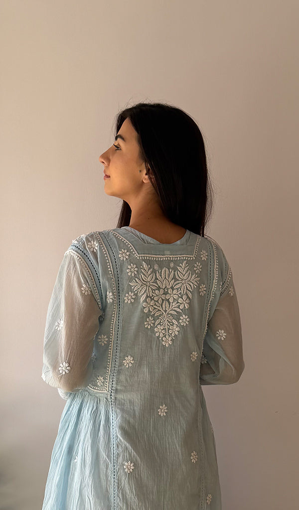 Fariah Women's Lucknowi Handcrafted Mul Chanderi Chikankari Kurti - HONC0272413