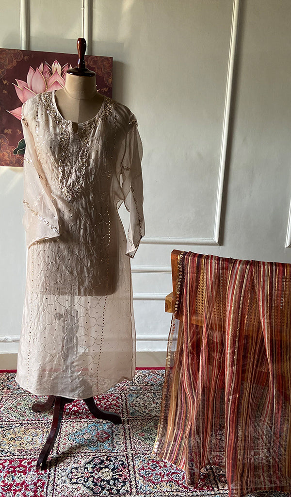 Women's Lucknowi Handcrafted Pure Organza Silk Chikankari Semi- stitched Kurta Dupatta Set- HONC0334809