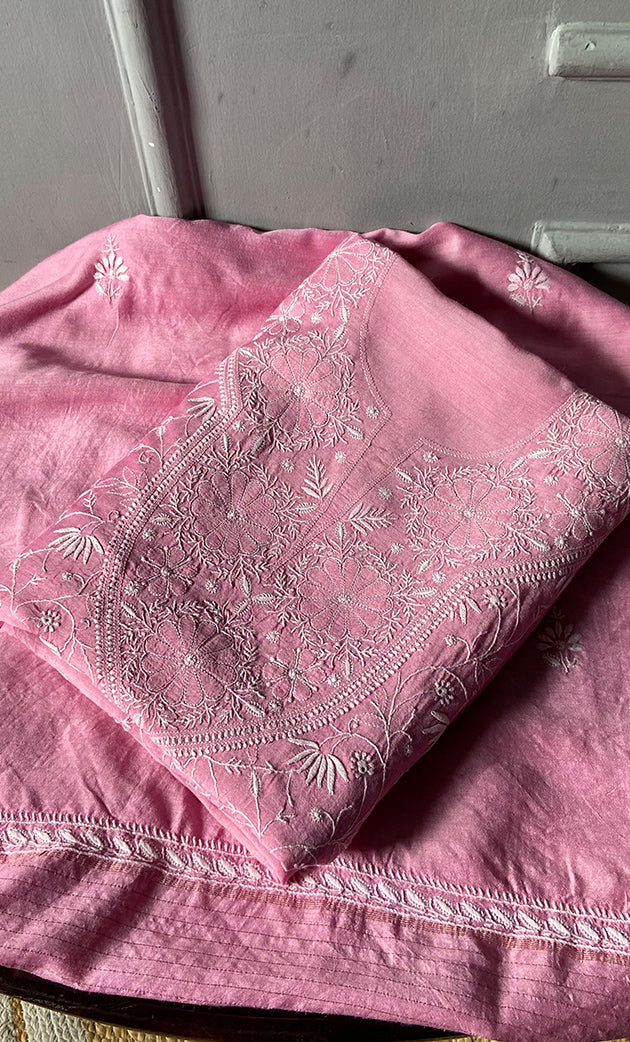 Women's Lakhnavi Handcrafted Munga Silk Chikankari Kurta And Dupatta Set- HONC0278049