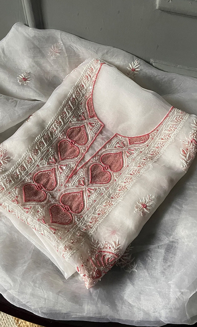 Women's Lakhnavi Handcrafted Pure Organza Chikankari Unstitched Kurta And Dupatta Set- HONC0297178