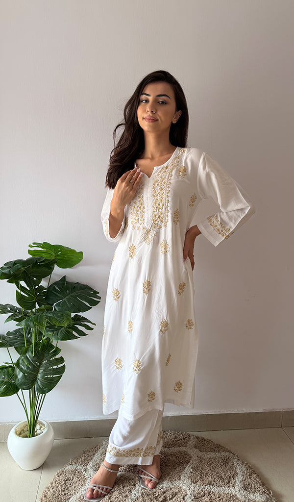 Women's Lakhnavi Handcrafted Modal Cotton Chikankari Kurti And Palazzo Set - HONC0378678