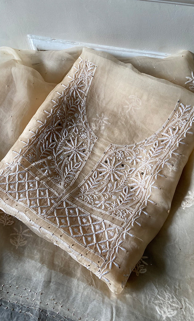 Women's Lakhnavi Handcrafted Pure Organza Chikankari Unstitched Kurta And Dupatta Set- HONC0266923