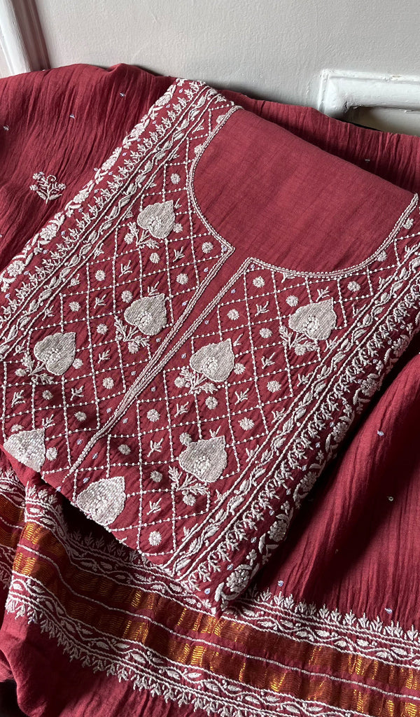 Women's Lakhnavi Handcrafted Mul Chanderi Kurta And Dupatta Set - HONC0288996