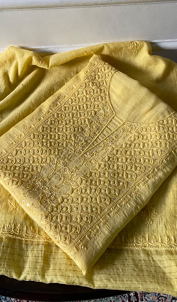 Women's Lakhnavi Handcrafted Mul Chanderi Unstitched Chikankari Full Suit Material - HONC0345047