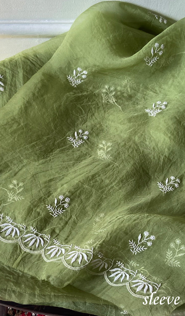 Women's Lakhnavi Handcrafted Pure Organza Chikankari Unstitched Kurta Dupatta Set- HONC0359089