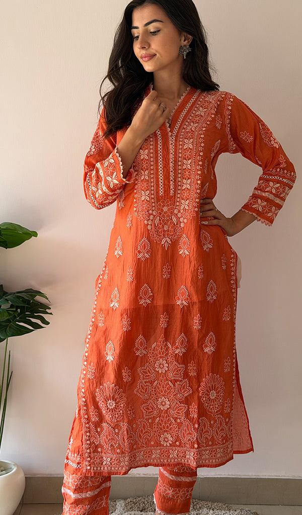Women's Lucknowi Handcrafted Mul Chanderi Stitched Chikankari Kurta And Plazzo Set- HONC0378824
