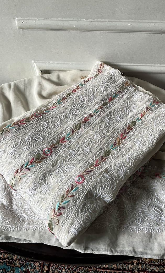 Women's Lakhnavi Handcrafted Pure Silk Georgette Unstitched Chikankari Anarkali And Dupatta Set- HONC0313288