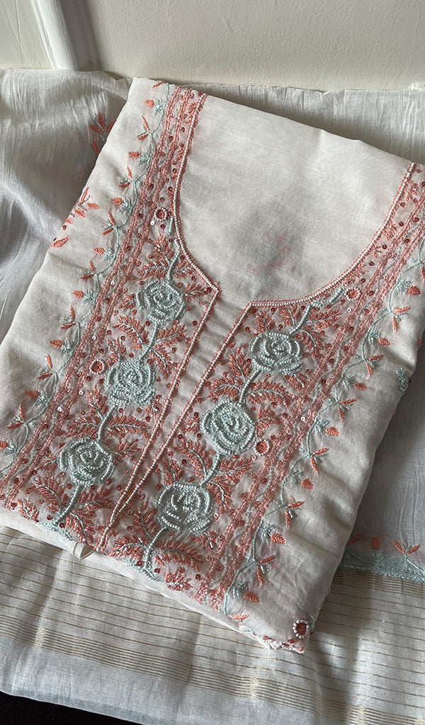 Women's Lakhnavi Handcrafted Mul Chanderi Unstitched Kurta And Dupatta Set - HONC0266911
