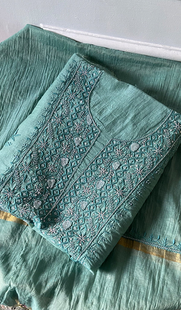 Women's Lakhnavi Handcrafted Chanderi Silk Unstitched Chikankari Full Suit - HONC0367199