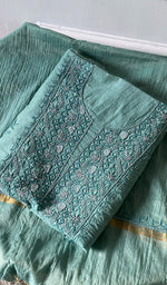 Women's Lakhnavi Handcrafted Chanderi Silk Unstitched Chikankari Full Suit - HONC0367199