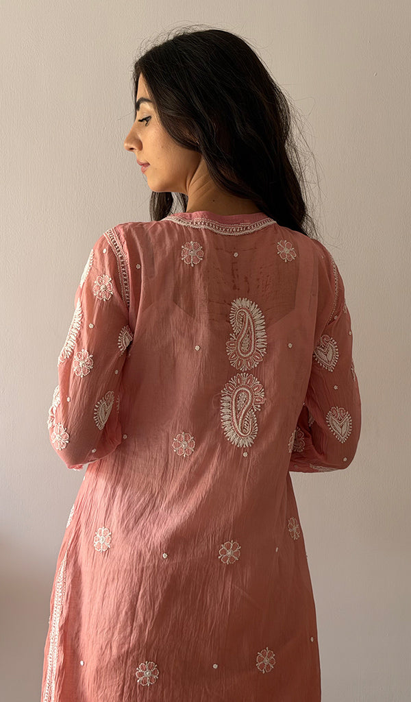 Women's Lucknowi Handcrafted Mul Chanderi Stitched Chikankari Kurta And Plazzo Set- HONC0378780