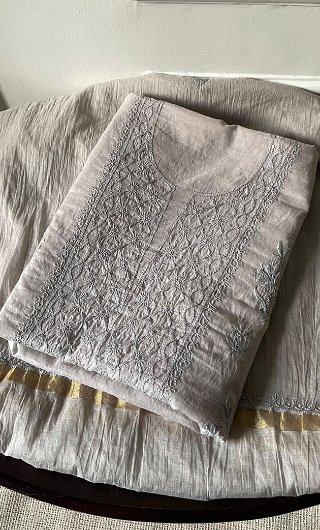 Women's Lakhnavi Handcrafted Mul Chanderi Unstitched Chikankari Full Suit Material - HONC0319531