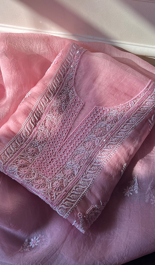 Women's Lakhnavi Handcrafted Pure Organza Chikankari Unstitched Kurta And Dupatta Set- HONC0268168