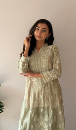 Load image into Gallery viewer, Women's Lucknowi Handcrafted Mul Chanderi Stitched Chikankari Kurta And Plazzo Set- HONC0378820