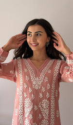 将图像加载到图库查看器中， Women's Lucknowi Handcrafted Mul Chanderi Stitched Chikankari Kurta And Plazzo Set- HONC0378817