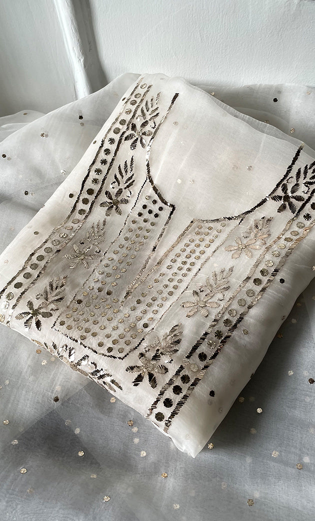 Women's Lakhnavi Handcrafted Pure Organza Chikankari Unstitched Kurta And Dupatta Set- HONC032185