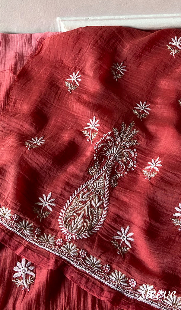 Women's Lakhnavi Handcrafted Mul Chanderi Unstitched Kurta And Dupatta Set - HONC0365688
