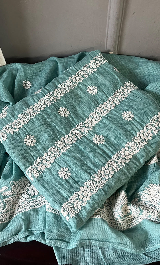 Women's Lucknowi Handcrafted Kota Cotton Chikankari Unstitched Kurta And Dupatta Set - HONC0312641