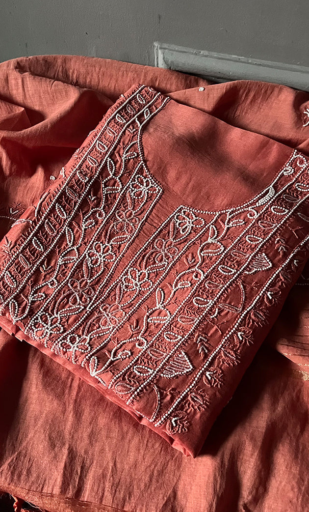 Women's Lucknowi Handcrafted Chanderi Silk Chikankari Full Suit Material - HONC0278002