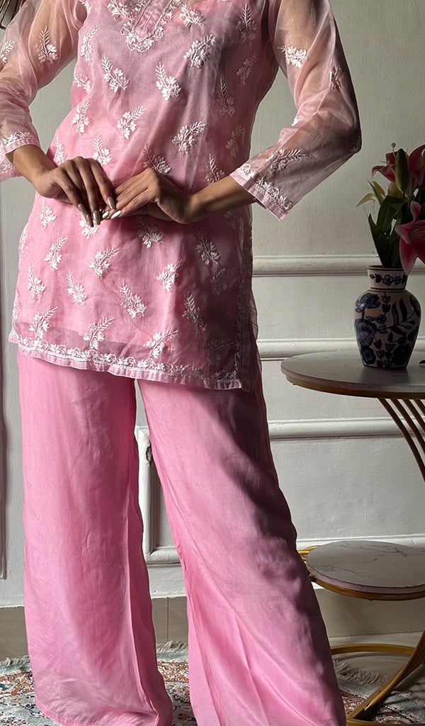 Women's Lucknowi Handcrafted Organza  Stitched Chikankari Kurta And Plazzo Set