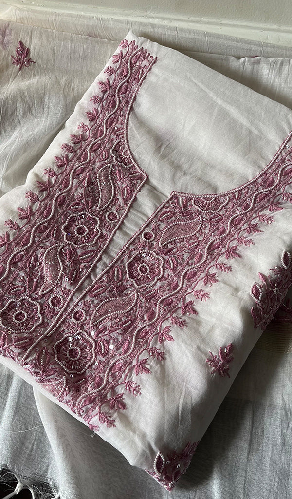 Women's Lakhnavi Handcrafted Mul Chanderi Unstitched Kurta And Dupatta Set - HONC0284680