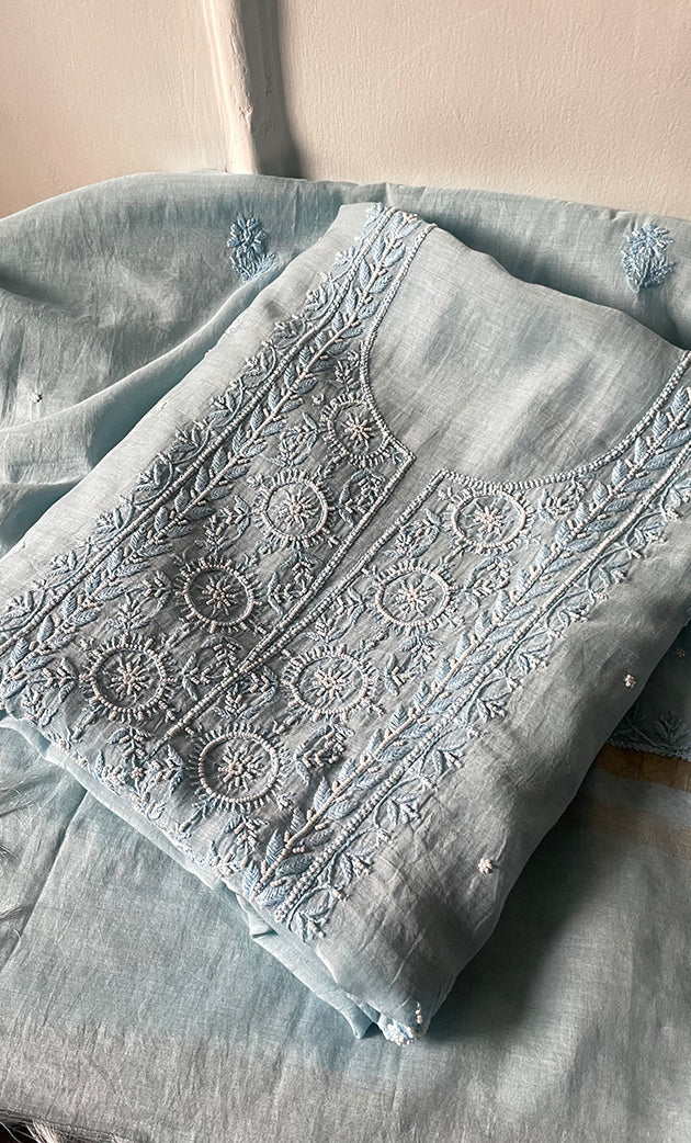 Women's Lakhnavi Handcrafted Mul Chanderi Unstitched Chikankari Full Suit Material - HONC0305473