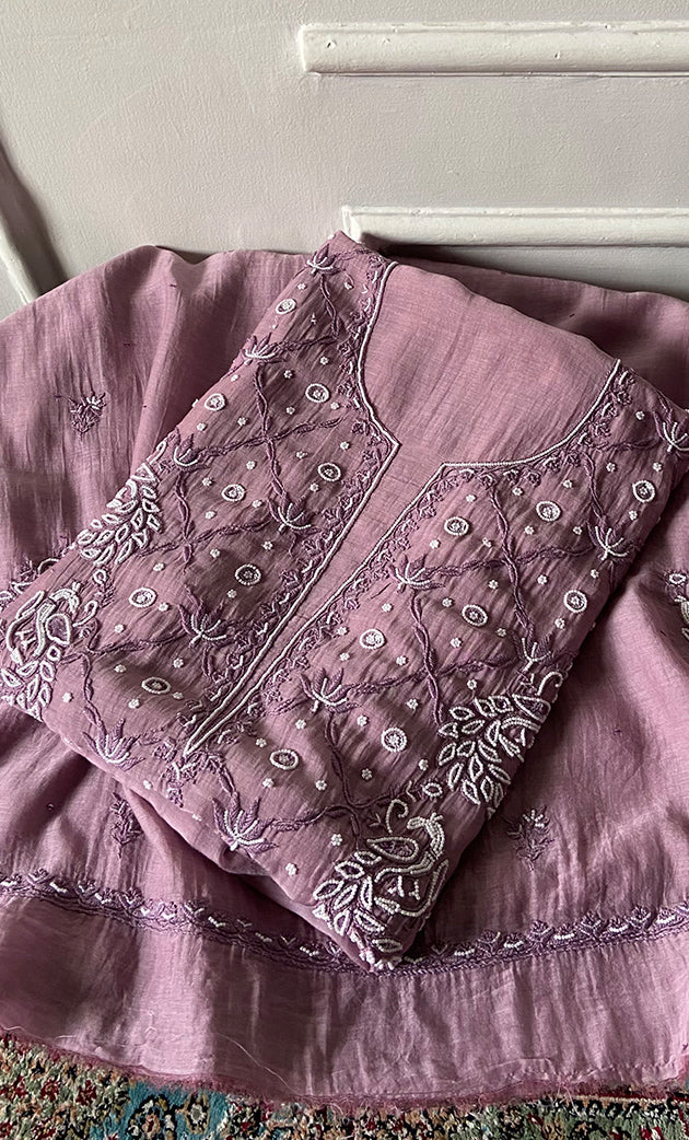 Shirin Women's Lakhnavi Handcrafted Mul Chanderi Unstitched Chikankari Full Suit Material - HONC0339566